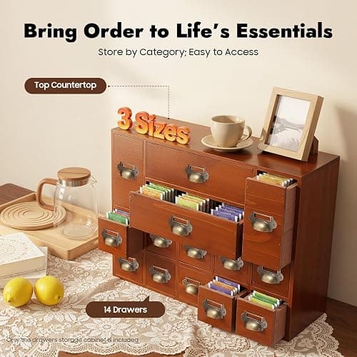Armoire de rangement avec 14 tiroirs - Organiseur de tiroir de table - En bois vintage - 3 tailles différentes thumbnail 3