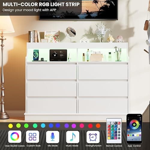 Dresser for Bedroom, 6 Drawer Dresser with LED Lights and Charging Station, Wide Chest of 6 Drawers with Open Space, Modern Large Capacity Storage Cabinet, Living Room, Hallway, White - White thumbnail 5