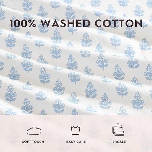 Laura Ashley - Full Sheets, Cotton Percale Bedding Set, Lightweight & Breathable Home Decor (Francesca Blue, Full) thumbnail 6