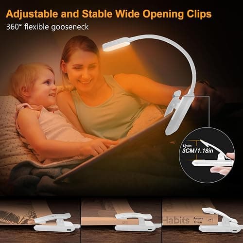 Gritin Lampe de Lecture 16 LED, Liseuse Lampe Clip Rechargeable, Gradation Progressive, 3 Modes de Protection des Yeux (Blanc/Ambre/Mixte), 360°Cou Flexible pour Lire au Lit,Blanc thumbnail 5