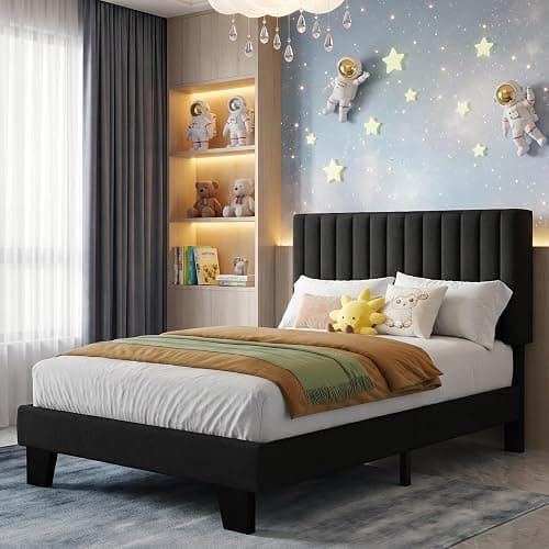 Feonase Twin Bed Frames with Upholstered Headboard, Linen Platform Bed Frame with Wooden & Metal Slats Support, Storage Space Under Bed, No Box Spring Needed, Easy Assembly, Black thumbnail 3