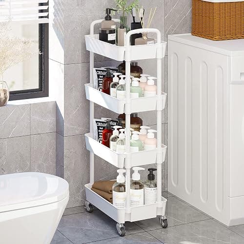 UDEAR 4-Tier Kitchen Rolling Utility Cart,Multifunction Storage Organizer with Handle and 2 Lockable Wheels for Kitchen,Bathroom,Living Room,Office,White thumbnail 6