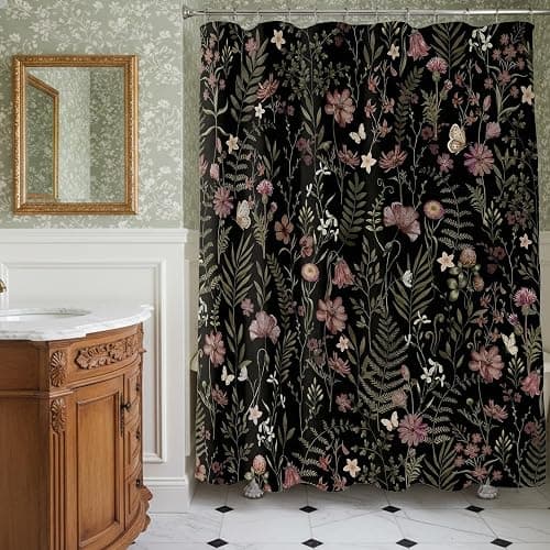Lindameler Moody Black Botanical Shower Curtain Vintage Floral Bathroom Curtain Dark Wildflower Modern Bathroom Decor (Black, 72 X 72 INCH) thumbnail 7