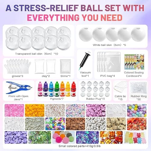 NODUJX DIY Stress Ball Making Kit, Create ASMR Anxiety Relief Toys | 15 TPR Ball Covers, 20 Fillers, 14.4 Oz Slime, 6.7 Oz Clay, Make Handmade Squishy Stress Balls of Self-Care Gift for Women thumbnail 8