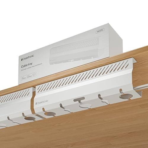 Desktronic Cable Duct Desk White Set of 2 - Stainless Steel Cable Management Desk Cable Duct with 5 Cable Cut-Outs - Easy to Install Cable Organiser - Cable Holder - Image 1