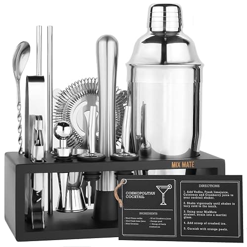 Mixology Bartender Kit with Stand | 15 Piece Bar Tool Set, Silver Bar Set Cocktail Shaker Set for Drink Mixing - includes Martini Shaker, Jigger, Strainer, Bar Mixer Spoon, Tongs | Gift Idea (Silver) - Image 1