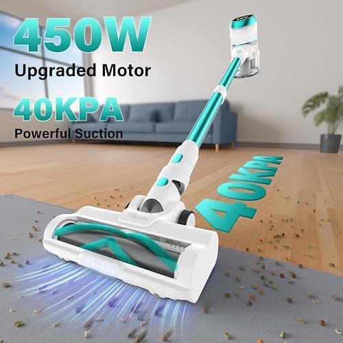 Tikom V500 Cordless Vacuum Cleaner for Home, 40000Pa/450W Stick Vacuum with LED Touch Screen, Charging Wall Dock, Anti-Tangle, Lightweight Handheld Vacuum for Pet Hair, Hard Floor, Carpet, Blue thumbnail 2