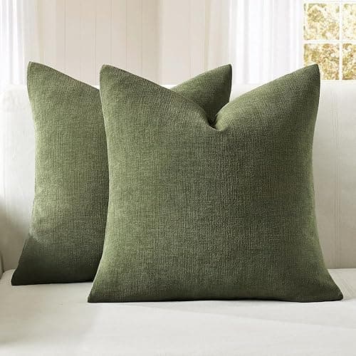 MIULEE Olive Green Couch Pillow Covers 20x20 Inch, Set of 2 Soft Chenille Decorative Square Throw Pillow Covers Farmhouse for Sofa Living Room Bed - 20" x 20" (Pack of 2) - Olive Green