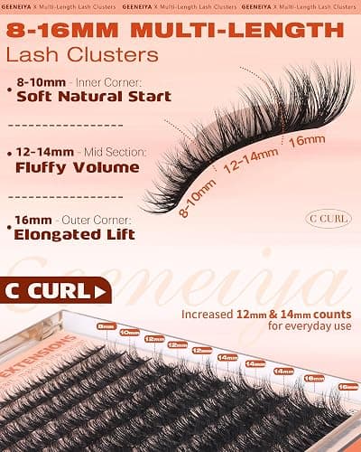 Geeneiya Fluffy Lash Clusters Kit 8-16MM, Wispy Eyelash Clusters Kit, Natural 3D Fluffy Effect Lash Extension Kit, C Curl Cluster Eyelash Extensions Kit with Waterproof Lash Bond and Seal, Tweezers thumbnail 4
