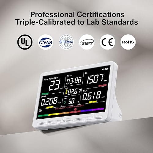 Air Quality Monitor Indoor 7" Display 9 AQI+7 AQI Alerts, CO2 Monitor Air Quality Tester for CO2, TVOC, PM2.5 PM1.0 PM10, HCHO Temperature Humidity AQI & Time Air Quality Meter for Home thumbnail 6