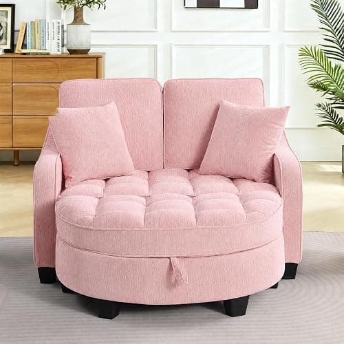 Chaise Lounge Chair Indoor with Storage Ottoman, Comfy Chenille Tufted Loveseat Sofa Chair with Adjustable Backrest, Upholstered Lounge Sofa Chairs with 2 Pillows & Side Pockets for Living Room, Pink thumbnail 7