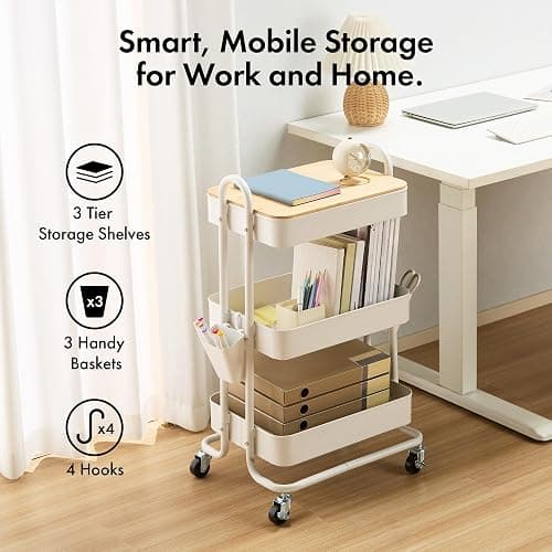 VonHaus White Storage Trolley - 3 Tier Bathroom Storage with 4 Wheels - Kitchen Trolley with Steel Frame & Solid Bamboo Lid - Craft Cart with 3 Hanging Baskets & Hooks - Rolling Cart for Home Office thumbnail 4