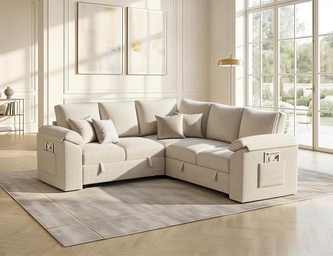 85 Inch Modular Sectional Sofa with Pull Out Couch Bed, L Shaped 5 Seat Sectional Couch with Storage, Corduroy Sectional Couches for Living Room, Cloud Modular Couch, Removable Sofa Cover, Beige thumbnail 4