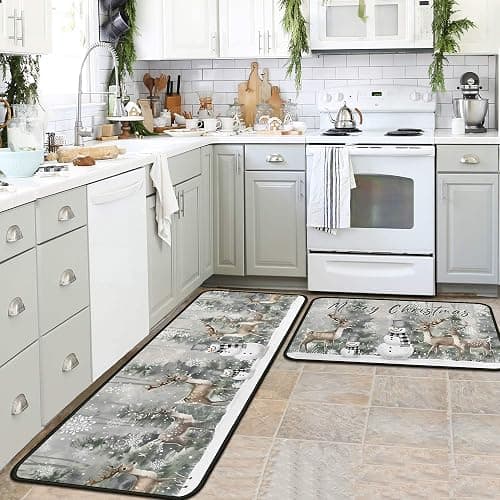 Christmas Kitchen Rugs Green Xmas Trees Deer Snowman Kitchen Mats Set of 2, Christmas Decorations for Home, Non-Slip Backing Winter Holiday Floor Mat Xmas Decor Washable Rug 17"x47.2"+17"x30" thumbnail 6