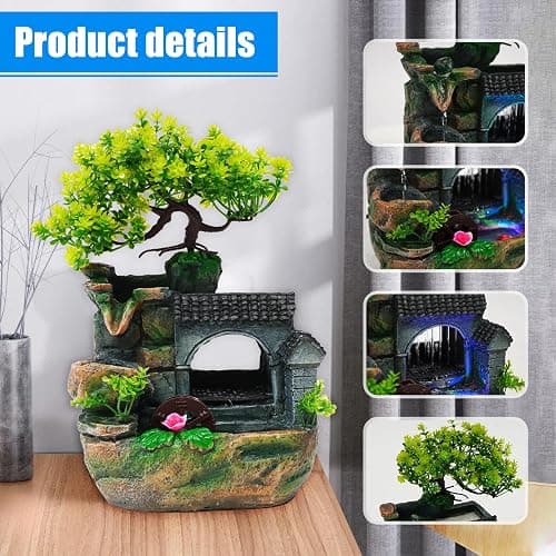 Tabletop Waterfall Fountain – 11 in Rockery Humidifier with Color-Changing LED Light, Adjustable Pump & Faux Bonsai Tree, Resin Indoor Desk Fountain Décor for Bedroom, Office, Aquarium, Meditation thumbnail 7