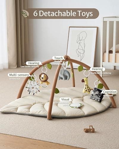 Blissful Diary Baby Play Gym & Activity Mat, Leaf Shaped Baby Tummy Time Play Mat with 6 Detachable Toys, Promotes Motor Skills & Sensory Development, Newborn Baby Essentials Gift, Oatmeal Beige thumbnail 4
