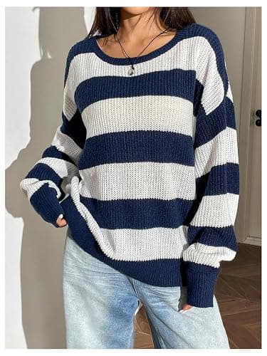Floerns Women's Striped Boat Neck Loose Sweater Long Sleeve Drop Shoulder Pullover Top thumbnail 3