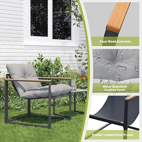 3 Piece Patio Bistro Set, Small Outdoor Furniture with Heat-Resistant Wood Armrests & Breathable Textilene Chairs, Glass Side Table & Thick Cushions for Apartment Balcony, Porch, and Garden (Gray) thumbnail 5