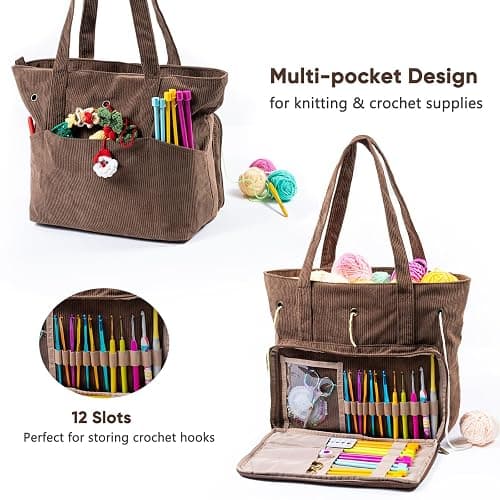MYBAGZING Large Yarn Tote Organizer – Corduroy Knitting Storage Holder for Yarn, Hooks & Accessories, Portable Craft Carryall for Crocheting Lovers, Mother’s Day Gift thumbnail 3
