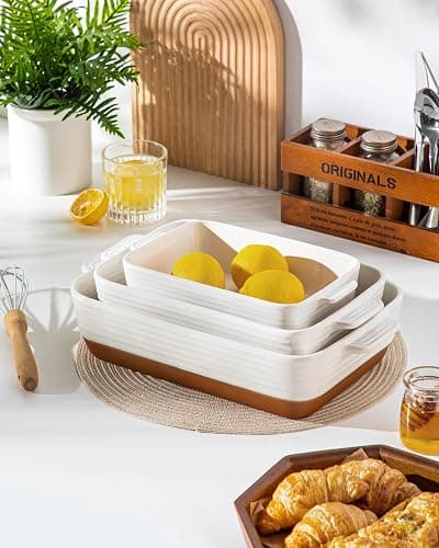 MALACASA Casserole Dishes for Oven, Ceramic Baking Dishes Set of 3, Baking Pan Casserole Dish Set, Rectangular Lasagna Pan Deep with Handles for Baking, Khaki White (14.5''/13''/10.5''), Series TARA thumbnail 7