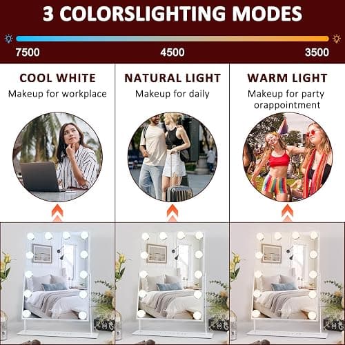 VANITII Lighted Vanity Hollywood Mirror with 12 Dimmable Bulbs Smart Touch Control 3 Colors Light for Tabletop, Detachable 10X Magnification thumbnail 5