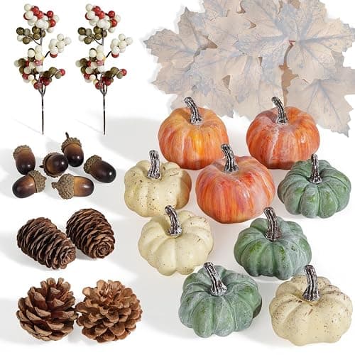 Artmag 25 PCS Pumpkin Decor Set, Artificial Pumpkins Fall Decor for Thanksgiving Decorations with Acorns, Pinecones, Berries, Maple Leaves for Home Table thumbnail 2