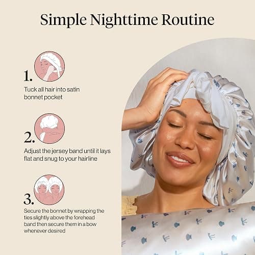 Kitsch XL Satin Bonnet for Sleeping - Softer Than Silk Bonnet For Sleeping Women, Secure Fit Adjustable Night Cap For Curly & Textured Hair & Prevents Breakage - Pearlized Cream & Coastal Blue Print thumbnail 7