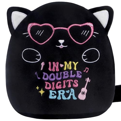 SEAOPOP Cat 10th Birthday Stuffed Animals: 8-Inch in My Double Digits Era Gifts for Girls, 10th Birthday Black Cat Plush Toy for Girl Kids, Cute Plushie Pillow with Heart Glasses, Party Decor - Image 1