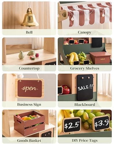 ROBUD Pretend Play Grocery Store with Lights, Supermarket Playset for Kids, Interactive Wooden Play Market Stand, Gift for 3+ Kids Boys Girls (Vintage Green) thumbnail 3