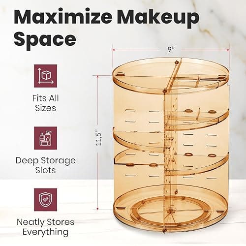 Masirs 360 Rotating Makeup Organizer - Adjustable Shelf Height and Fully Rotatable - The Perfect Round Spinning Cosmetic Organizer for Bedroom Dresser or Vanity Countertop Storage (Brown) thumbnail 2