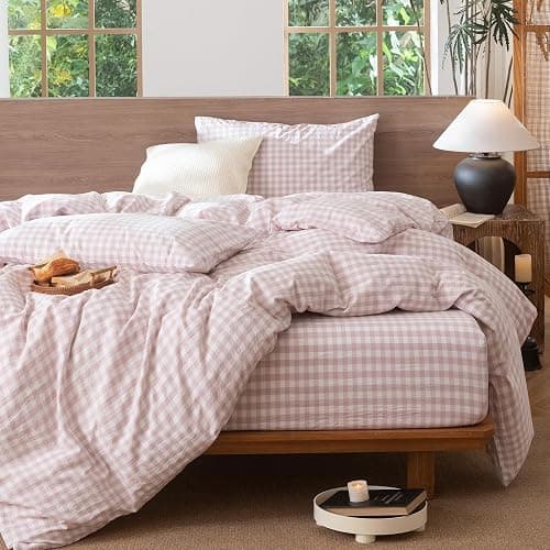MooMee Gingham Duvet Cover Set 100% Washed Cotton Linen Like Textured Breathable Durable Soft Comfy Modern Checkered Design (Classic Gingham Greyish Pink, Queen 90"x90") thumbnail 6