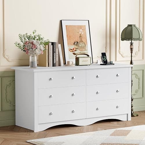 YESHOMY Dresser for Bedroom with Power Outlet,6 Drawers Dresser, Modern Chest of Drawers, Wooden Dressers, TV Stand for Living Room,Closet, Hallway (White) thumbnail 6