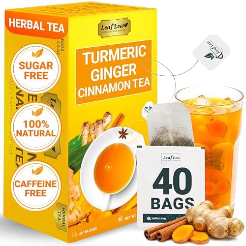 LeafLea 40 Turmeric Ginger Cinnamon Tea Bags, 100% Natural Ingredients Herbal Tea, Turmeric Ginger Herbal Blend for Wellness, Vegan, No Sugar, Caffeine-Free, Individually Wrapped for Freshness - Image 1