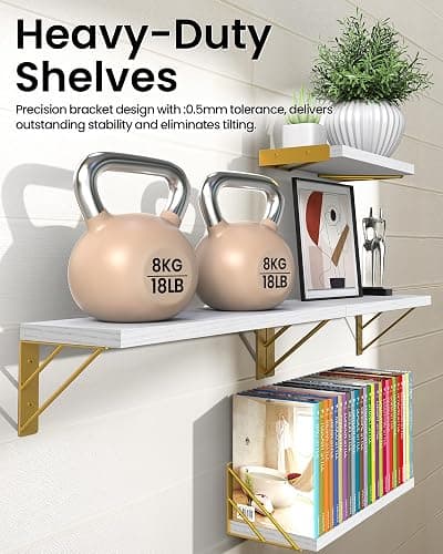 BAYKA Wall Shelves for Bedroom Decor, Floating Wall Shelf for Living Room Kitchen Storage, Mounted Rustic Wood Shelves for Kids Books, Christmas Decorations for Room(White and Gold，Set of 4) thumbnail 4
