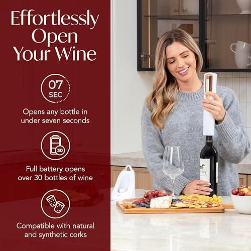 Rechargeable Electric Wine Bottle Opener - Charging Base and Foil Cutter Included with Automatic Wine Opener - Electric Corkscrew for Easy Cork Removal - Best Gift for Wine Lover (White & Rose Gold) thumbnail 3