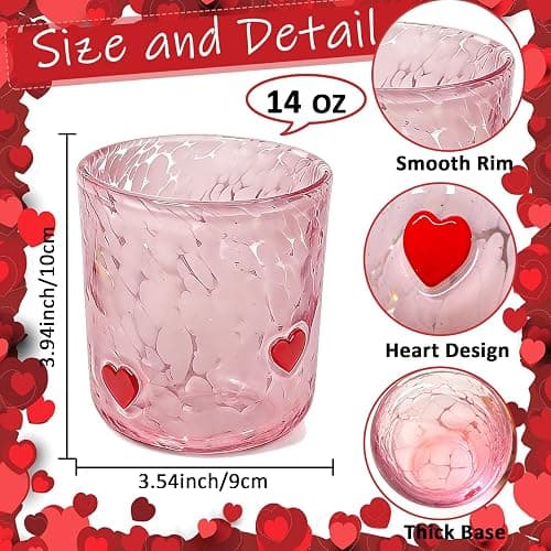 YinNorth 2 Pcs Valentine Icon Juice Glass 14oz Heart Drinking Cocktails Glasses Cute Pink White Stemless Wine Glasses Handblown Old Fashioned Couple Cups for Her Wife Women Birthday Lovely Gifts thumbnail 3