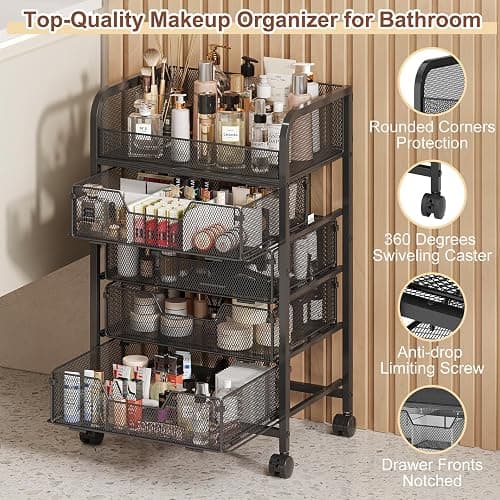 Hongtamoya Makeup Cart Organizer with 4 Drawers, Vanity Storage Organizer, Large Floor Skincare Organizers Cosmetics Display Cases for Skin Care Perfume Nail Polish, Black (Patent Pending) thumbnail 5