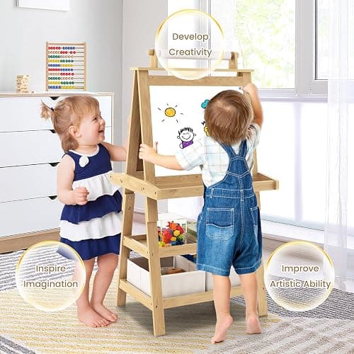 HONEY JOY Art Easel for Kids, 3-in-1 Double-Sided Wooden Toddler Easel w/Magnetic White Board & Chalkboard, Paper Roll, 2 Storage Bins, Painting Dry Erase, Kids Easel for Boys Girls Aged 3+ (Natural) thumbnail 4