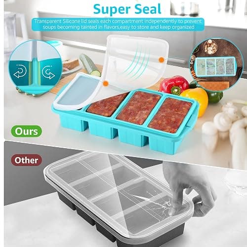 Ztomine Silicone Freezer Tray With Lid - Silicone Freezer Food Molds- Large Ice Cube Tray,Silicone Freezer Container,Freeze & Store Soup, Sauce, Broth,Leftovers - Makes 4 Perfect 1 Cup thumbnail 6