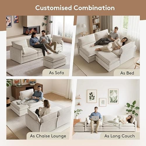 ROWHY 104'' Modular Sectional Cloud Couch with Movable Ottoman, 4 Seat Modern Corduroy Sofa, Deep Seat L Shaped Couch for Living Room Bedroom Apartment, Beige thumbnail 4