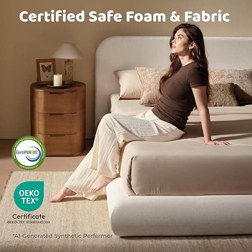 RECCI Airframe Bread Queen Curved Cloud Platform Bed Frame | Fully Cushioned Foam Arched Panels and Soft Rounded Headboard, Easy to Assembly, Beige Chenille Fabric for Aesthetic Bedrooms thumbnail 3