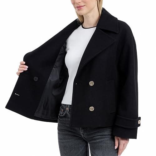 Michael Kors Women's Double Button Short Peacoat With Faux Wool, Stylish Wool Coat for Women, Belted Wrap Design thumbnail 2