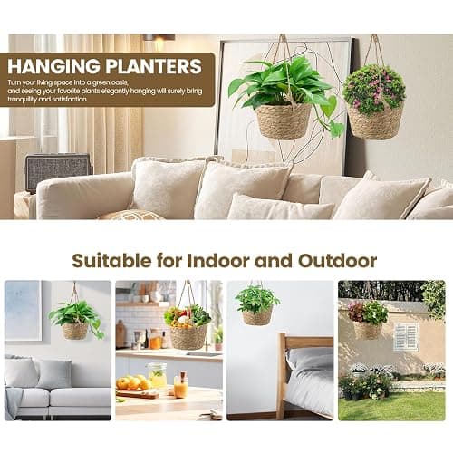 MY MIRONEY 2PCS Hanging Planter Basket Natural Seagrass Woven Plant Pot Hanger Hanging Plant Holder with Twine for Home Decor, Indoor & Outdoor Use, 8.11" x 4.96", Khaki thumbnail 6
