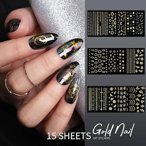 Teenitor Nail Charms Nail Art Kit with 15 Sheets Gold Nail Stickers, 6 Boxes of Nail Gems Nail Art Tools Nail Rhinestones for Nails, Nail Supplies 3D Nail Charms and Gems Nail Decals Nail Pearls thumbnail 8