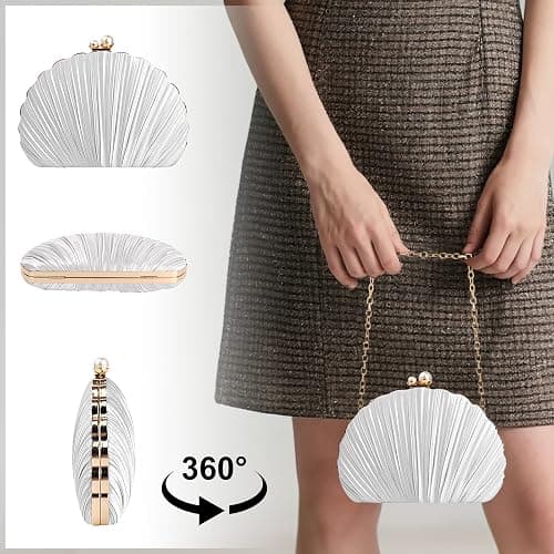 Veridina Women Mini Pleated Seashell Evening Clutch Handbag,Clutch Bag,Pearl Clutch,With Chain Strap thumbnail 3