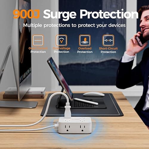 TESSAN Flat Plug Extension Cord, 5 Ft Surge Protector Power Strip with 3 USB (1 USB C) 8 Outlets, 900J Surge Protection, 3 Sided Outlet Extender with Power Switch for Dorm Room Essentials, White thumbnail 6