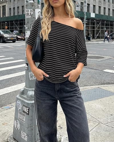 Cioatin Women Oversized Off Shoulder Striped Tee Tops Y2K Aesthetic Clean Fit Short Sleeve Tshirt Pullover Preppy Going Out thumbnail 4