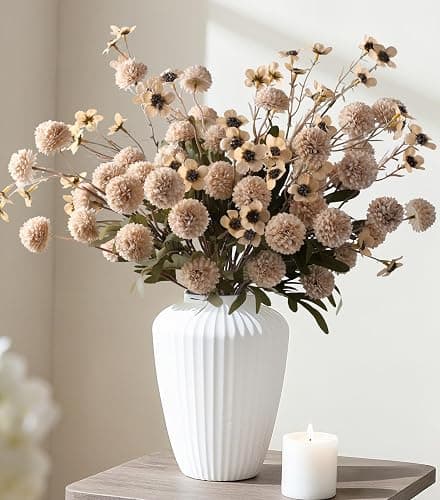 HyeFlora Fake Kiku Flowers, Faux Silk Pompon Mums Artificial Flowers, Chrysanthemum Stems Floral Arrangement Dried Flowers Vintage Decorative Indoor Home Decor Beige with Wax (Vase not Included) thumbnail 3