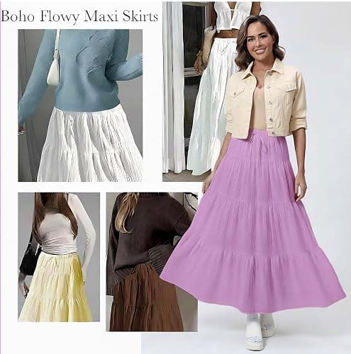 DERAX Women's Boho Flowy White Maxi Skirt Flared Ruffle Elastic Waist Summer A Line 2026 Spring Long Skirts thumbnail 4