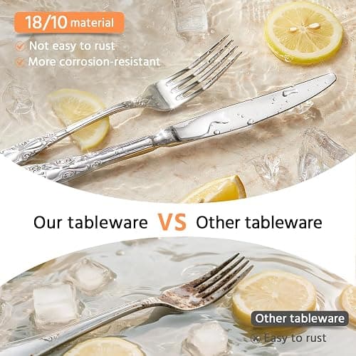 KINGSTONE Vintage Silverware Set, 40-Piece 18/10 Stainless Steel Retro Royal Flatware Cutlery Set for 8 with Carved Thick Handles, Tableware Utensils for Home,Party,Restaurant,Wedding,Dishwasher Safe thumbnail 5